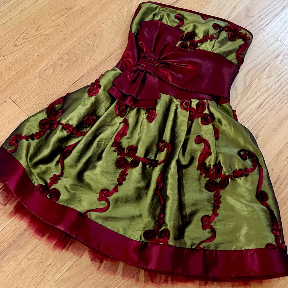 Vintage Jessica McClintock Strapless Olive & Burgundy Party Dress, size 2 - Picture 4 of 13